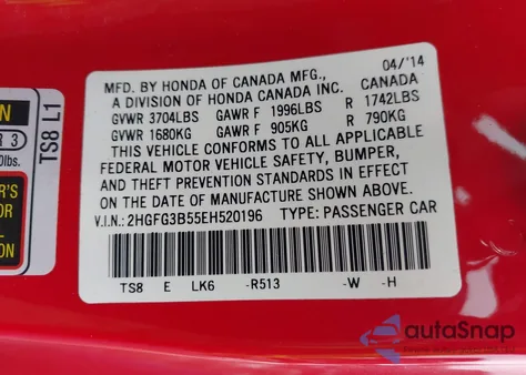 2014 Honda Civic Lx from USA, damaged, VIN 2HGFG3B55EH520196